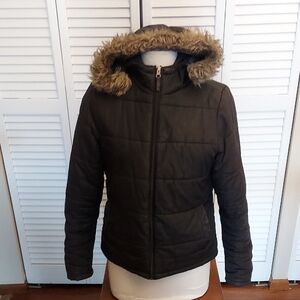 Merona Women's Puffer Jacket with Faux Fur Hood - Brown